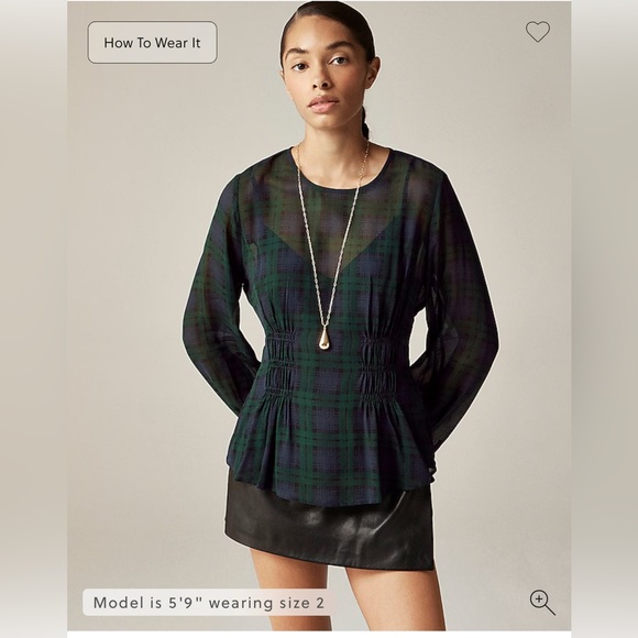 J. Crew NWT chiffon shirred waist sheer top, black watch tartan plaid, size 4 - Picture 3 of 6